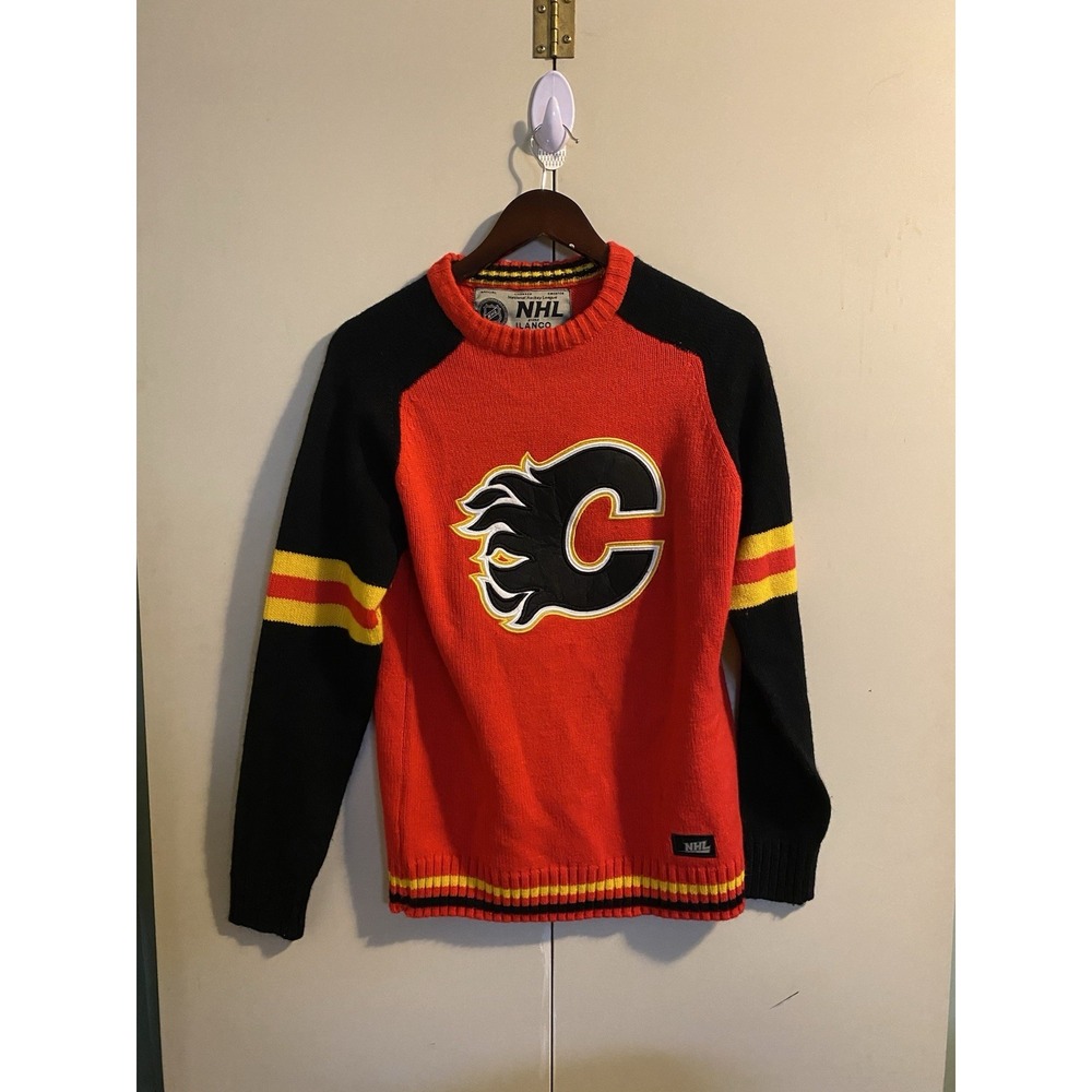 Vintage Calgary Flames NHL Knit Sweater Ilanco Blazing C Hockey Red Black Men S
